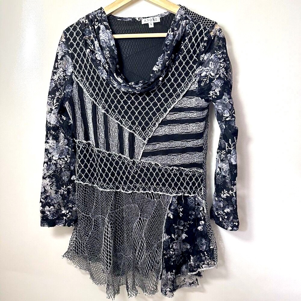 Adore Top Women's Tunic Black Patchwork Mixed Media Mesh Witchy Lagenlook S